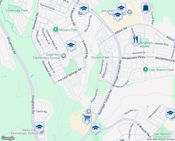 map of restaurants, bars, coffee shops, grocery stores, and more near 6144 Alpine Blue Drive in San Ramon