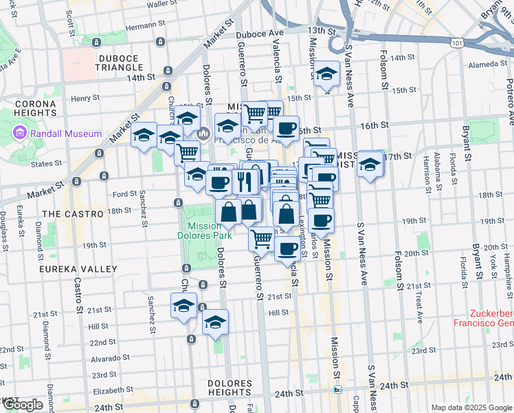 map of restaurants, bars, coffee shops, grocery stores, and more near 630 Guerrero Street in San Francisco