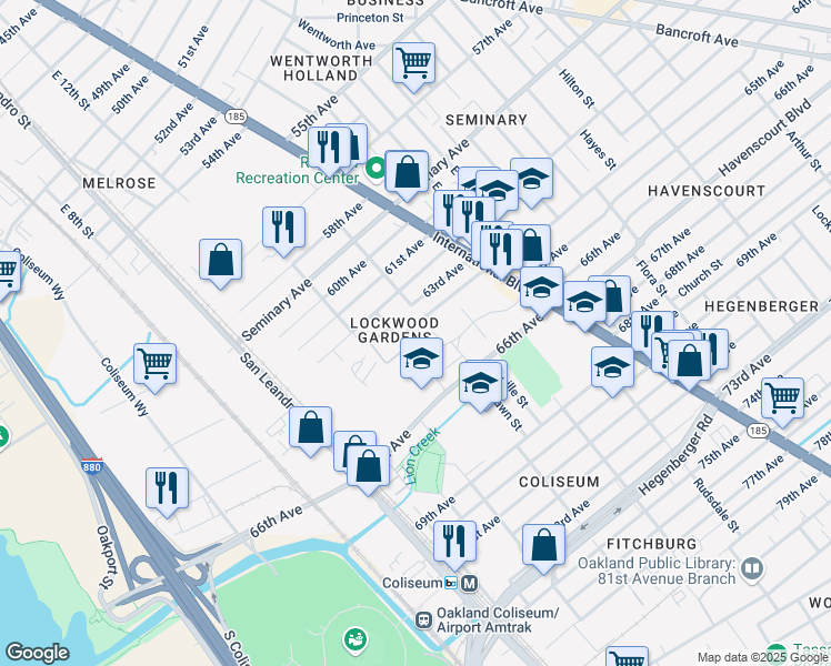 map of restaurants, bars, coffee shops, grocery stores, and more near 1276 64th Avenue in Oakland