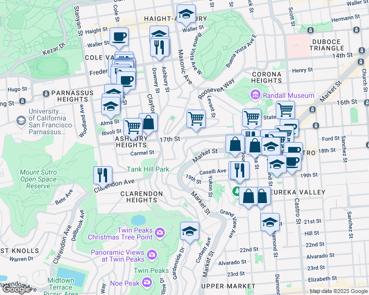 map of restaurants, bars, coffee shops, grocery stores, and more near 53 Mars Street in San Francisco
