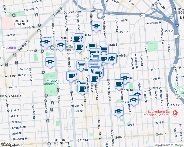 map of restaurants, bars, coffee shops, grocery stores, and more near 2200 Mission Street in San Francisco