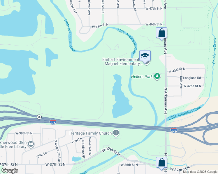 map of restaurants, bars, coffee shops, grocery stores, and more near 4254 North Seneca Street in Wichita