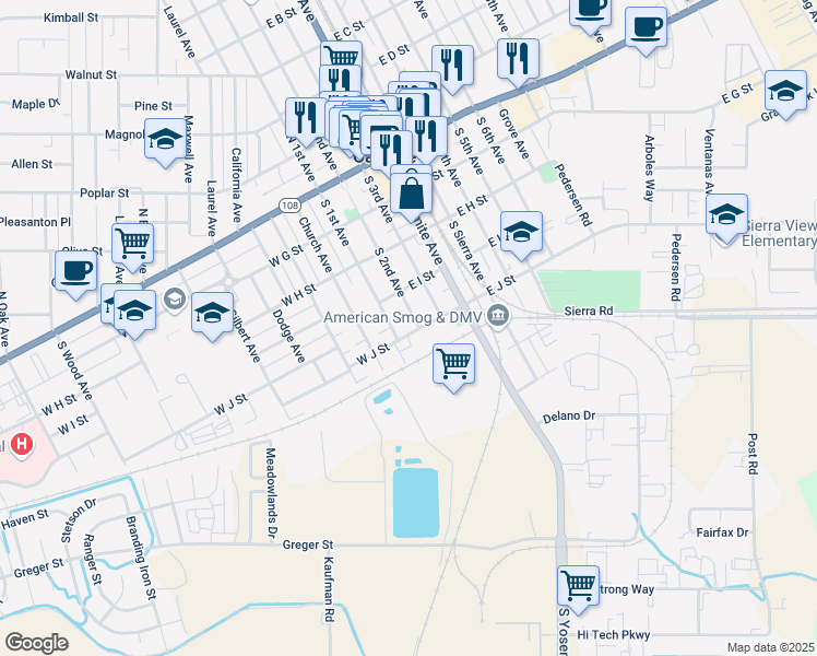 map of restaurants, bars, coffee shops, grocery stores, and more near 131 East J Street in Oakdale