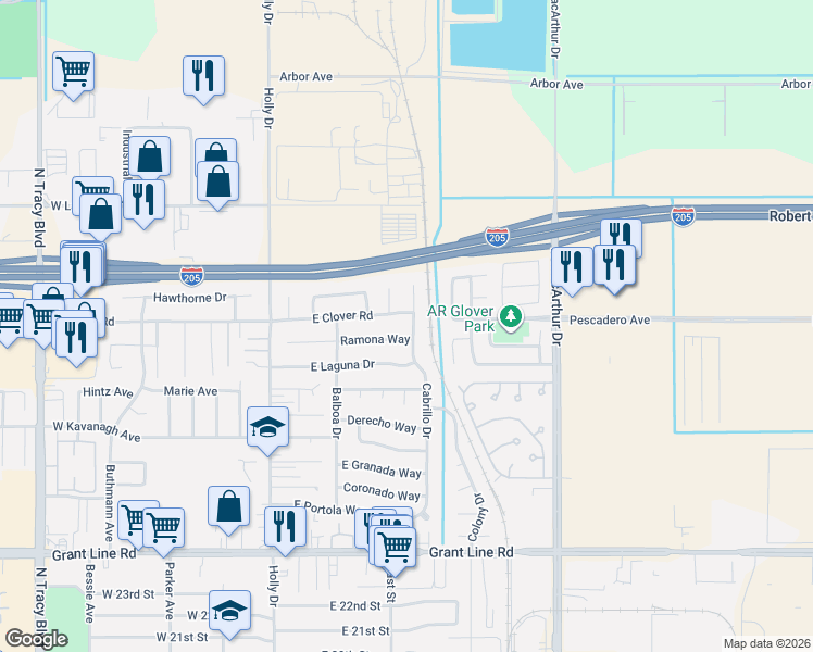 map of restaurants, bars, coffee shops, grocery stores, and more near 341 Ramona Way in Tracy