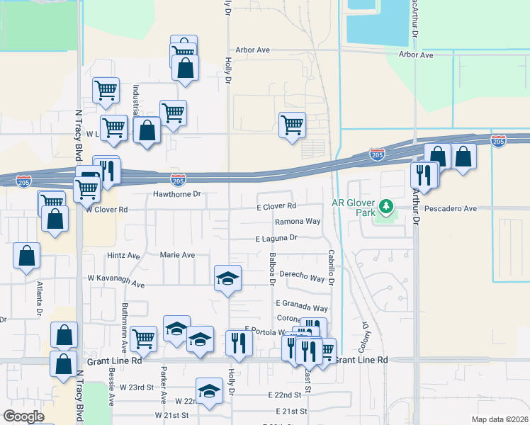 map of restaurants, bars, coffee shops, grocery stores, and more near 161 Ramona Way in Tracy