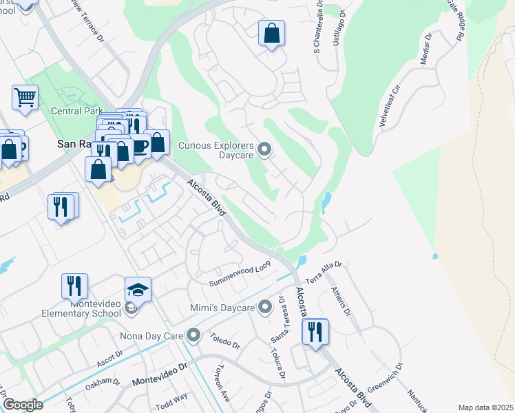 map of restaurants, bars, coffee shops, grocery stores, and more near 2000 Canyon Woods Drive in San Ramon