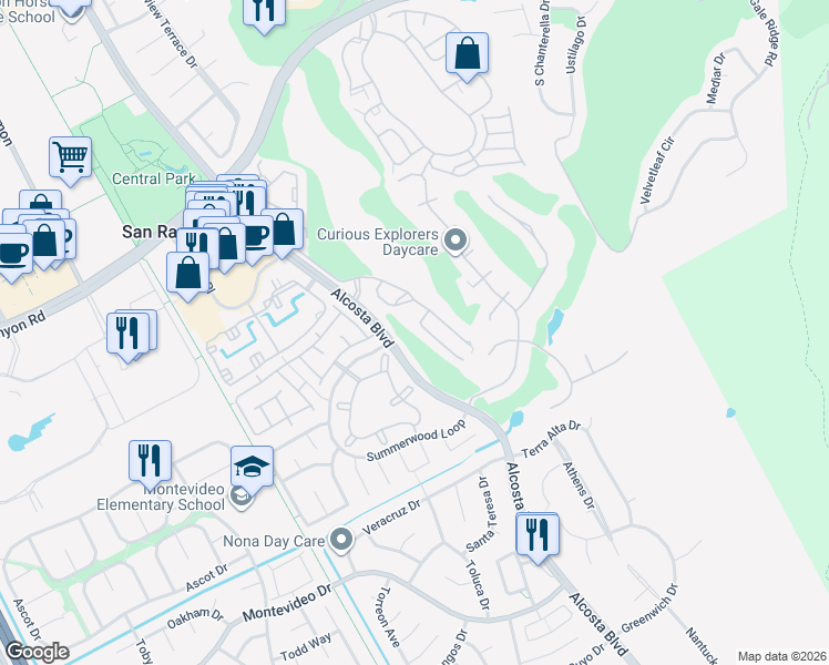 map of restaurants, bars, coffee shops, grocery stores, and more near 236 Canyon Woods Way in San Ramon