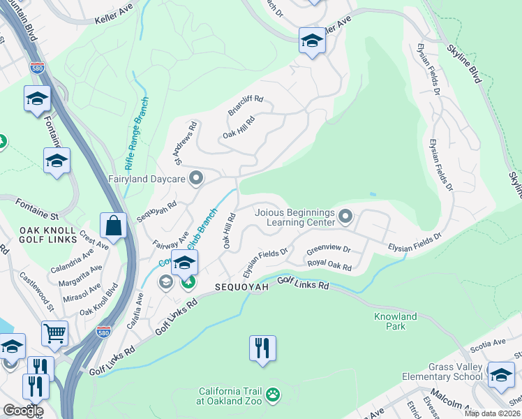 map of restaurants, bars, coffee shops, grocery stores, and more near 10 Sequoyah View Court in Oakland