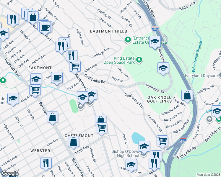 map of restaurants, bars, coffee shops, grocery stores, and more near 2777 E.C. Reems Court in Oakland