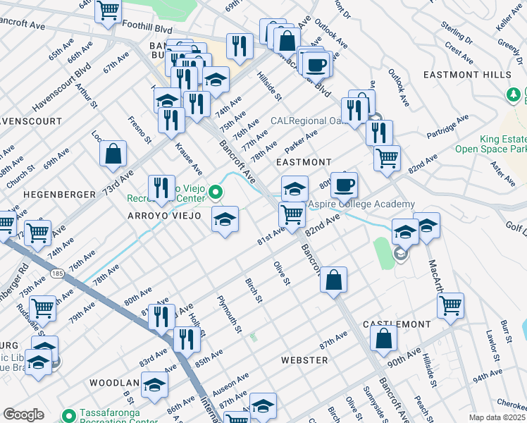map of restaurants, bars, coffee shops, grocery stores, and more near 2001 80th Avenue in Oakland