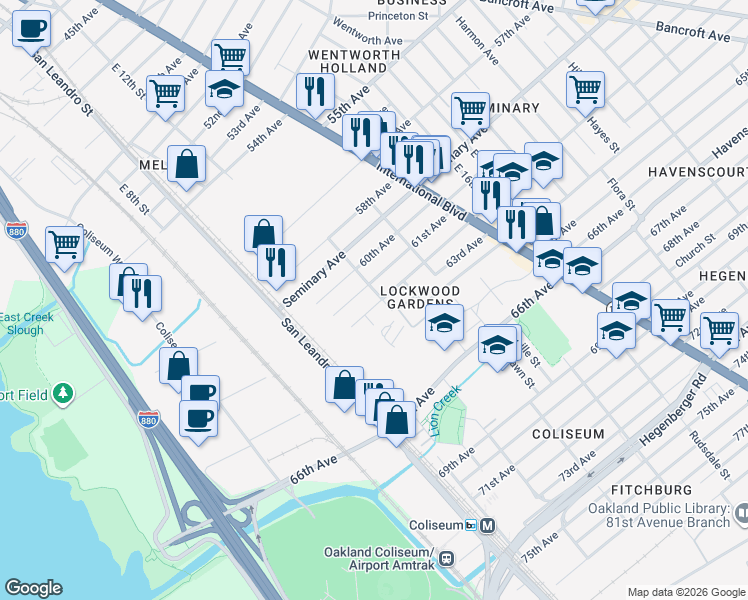map of restaurants, bars, coffee shops, grocery stores, and more near 1139 62nd Avenue in Oakland