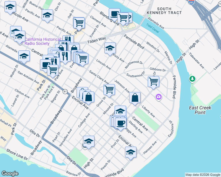 map of restaurants, bars, coffee shops, grocery stores, and more near 1417 Grove Street in Alameda