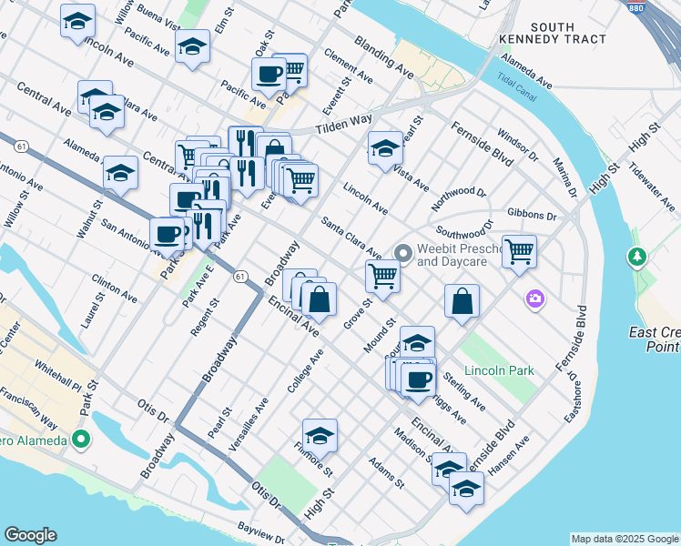 map of restaurants, bars, coffee shops, grocery stores, and more near 2808 Central Avenue in Alameda