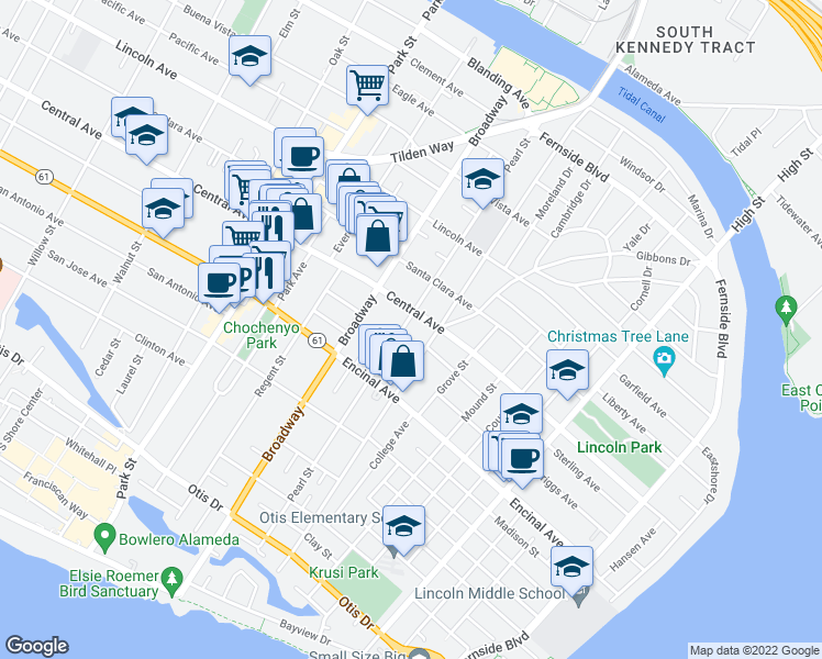 map of restaurants, bars, coffee shops, grocery stores, and more near 1354 Pearl Street in Alameda