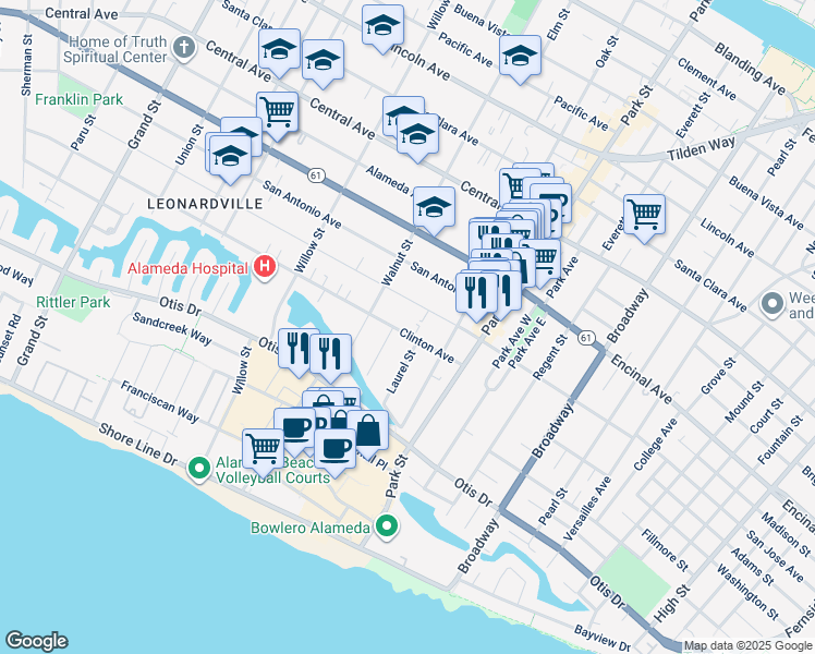 map of restaurants, bars, coffee shops, grocery stores, and more near 2236 Clinton Avenue in Alameda