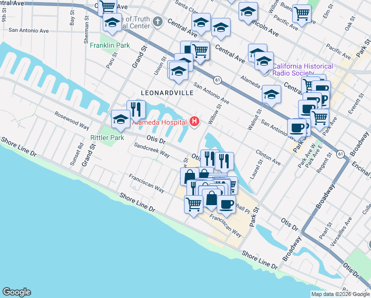 map of restaurants, bars, coffee shops, grocery stores, and more near 2041 Otis Drive in Alameda