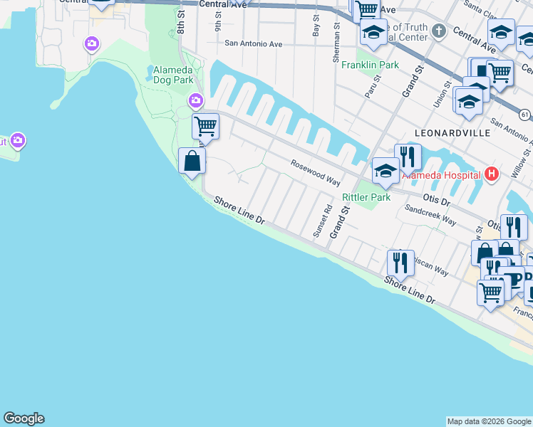 map of restaurants, bars, coffee shops, grocery stores, and more near 300 Fair Haven Road in Alameda