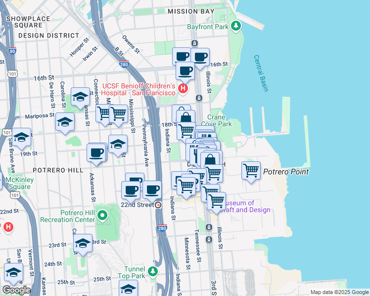 map of restaurants, bars, coffee shops, grocery stores, and more near 851 Tennessee Street in San Francisco