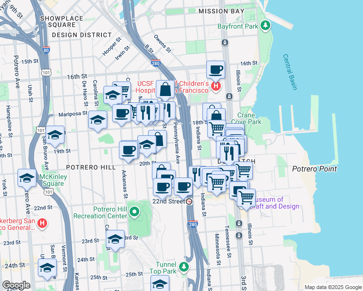 map of restaurants, bars, coffee shops, grocery stores, and more near 437 Pennsylvania Avenue in San Francisco