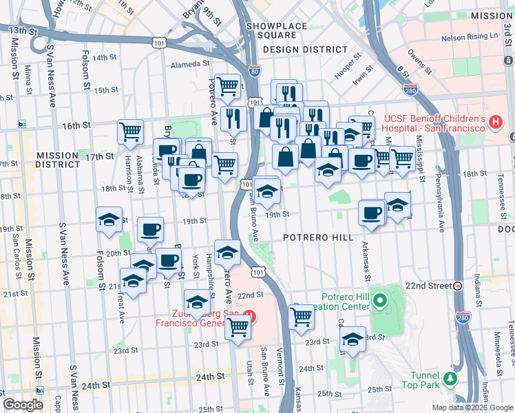 map of restaurants, bars, coffee shops, grocery stores, and more near 2214 19th Street in San Francisco
