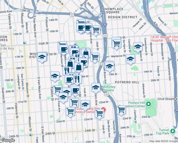 map of restaurants, bars, coffee shops, grocery stores, and more near 690 Potrero Avenue in San Francisco
