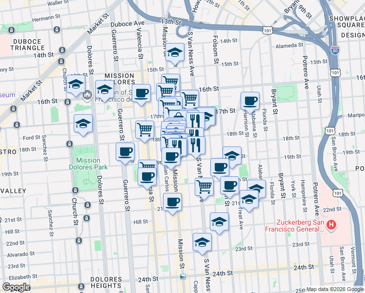 map of restaurants, bars, coffee shops, grocery stores, and more near 772 South Van Ness Avenue in San Francisco