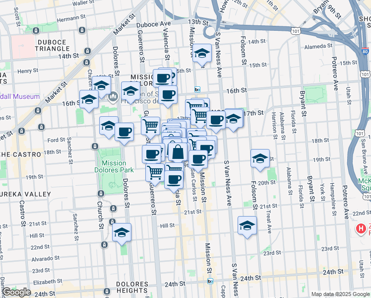 map of restaurants, bars, coffee shops, grocery stores, and more near 144 Lexington Street in San Francisco