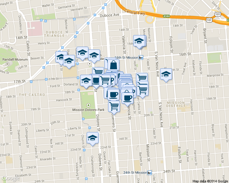 map of restaurants, bars, coffee shops, grocery stores, and more near 630 Guerrero Street in San Francisco