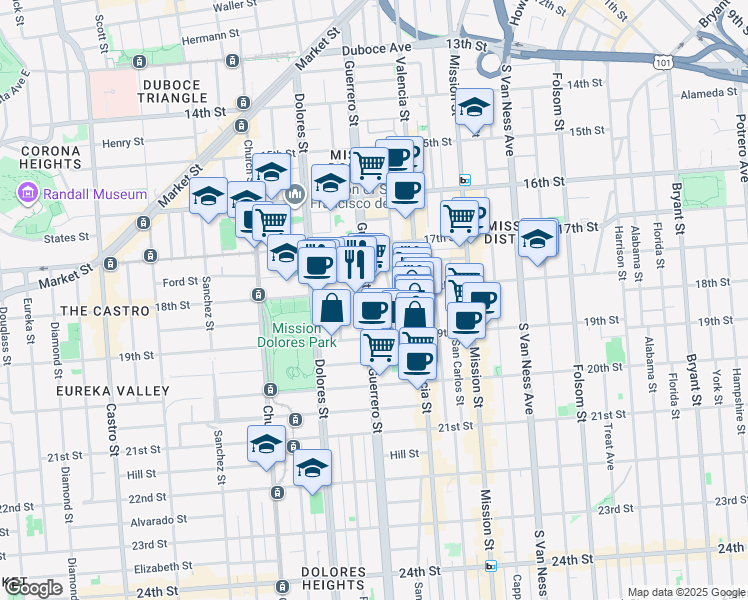 map of restaurants, bars, coffee shops, grocery stores, and more near 630 Guerrero Street in San Francisco