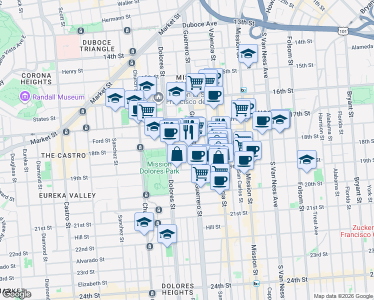 map of restaurants, bars, coffee shops, grocery stores, and more near in San Francisco