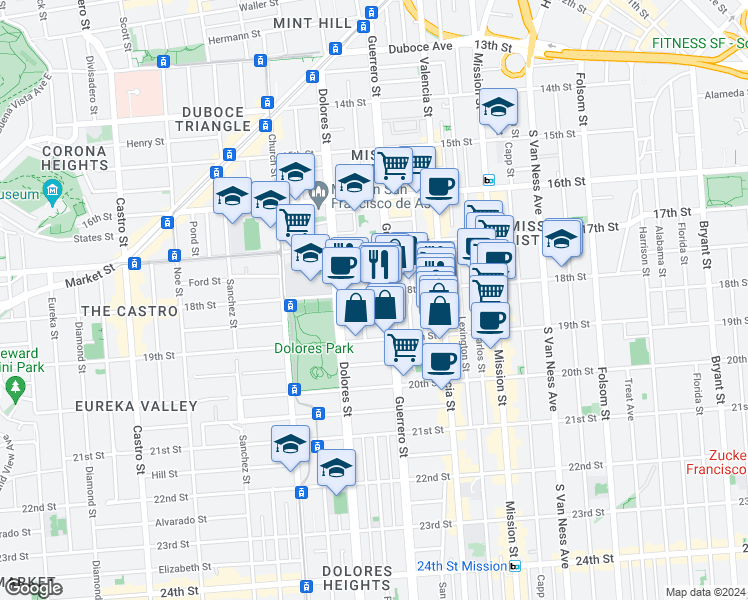 map of restaurants, bars, coffee shops, grocery stores, and more near 630 Guerrero Street in San Francisco