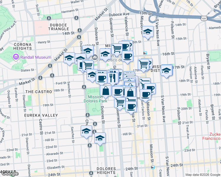 map of restaurants, bars, coffee shops, grocery stores, and more near 630 Guerrero Street in San Francisco