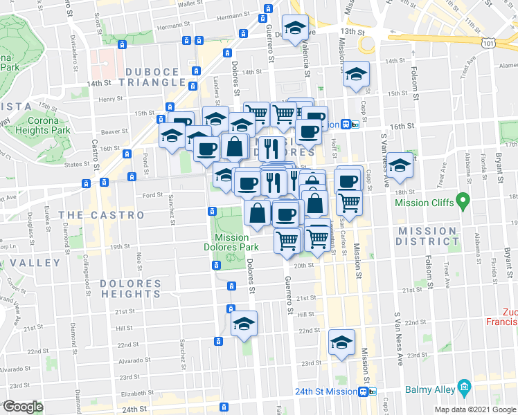 map of restaurants, bars, coffee shops, grocery stores, and more near 499 Dolores Street in San Francisco