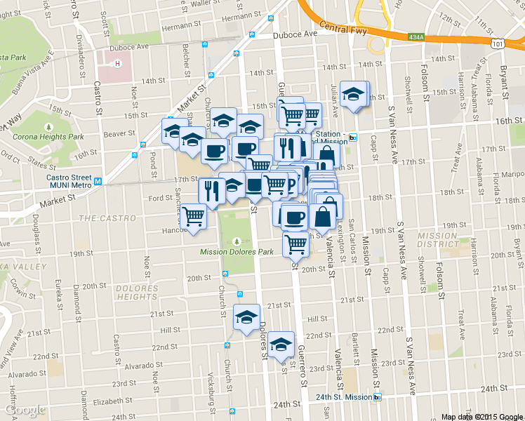 map of restaurants, bars, coffee shops, grocery stores, and more near 499 Dolores Street in San Francisco