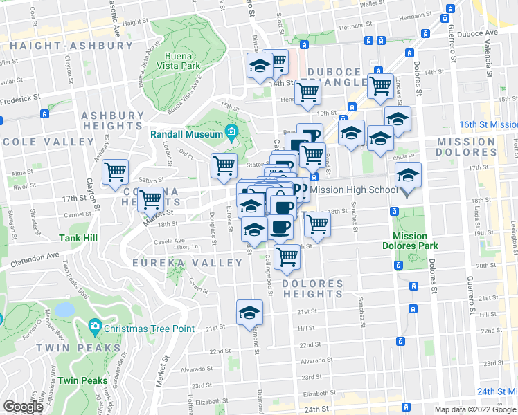 map of restaurants, bars, coffee shops, grocery stores, and more near 4149 18th Street in San Francisco