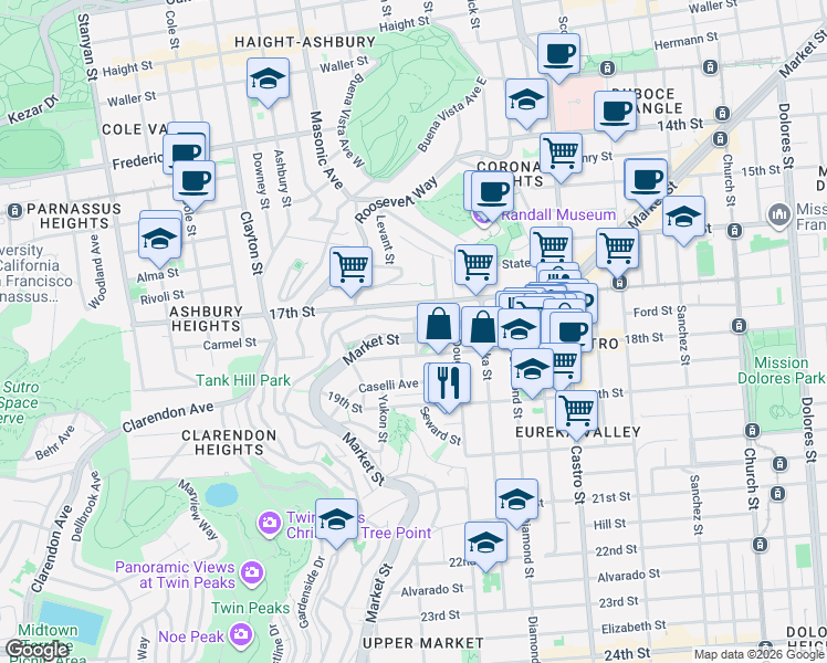 map of restaurants, bars, coffee shops, grocery stores, and more near 59 Hattie Street in San Francisco