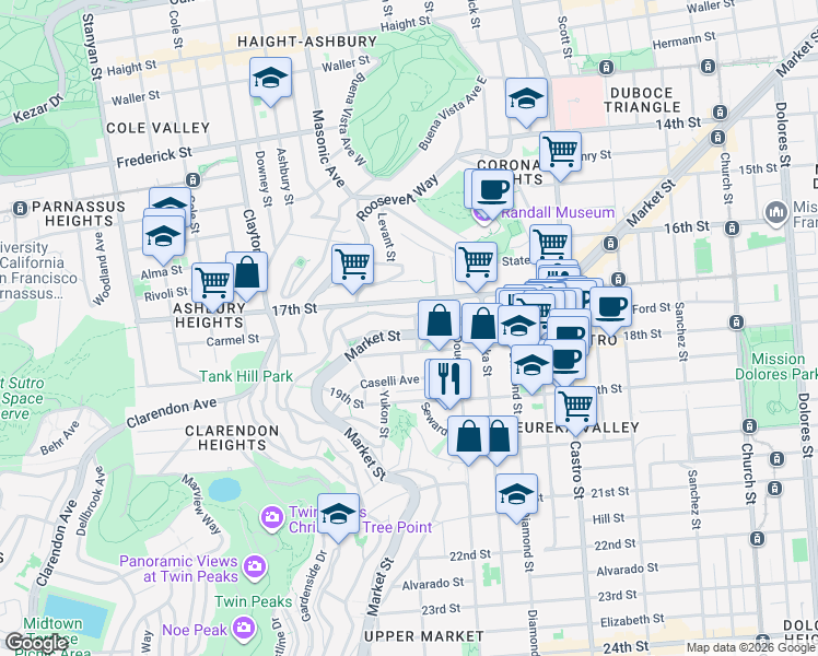 map of restaurants, bars, coffee shops, grocery stores, and more near 3041 Market Street in San Francisco