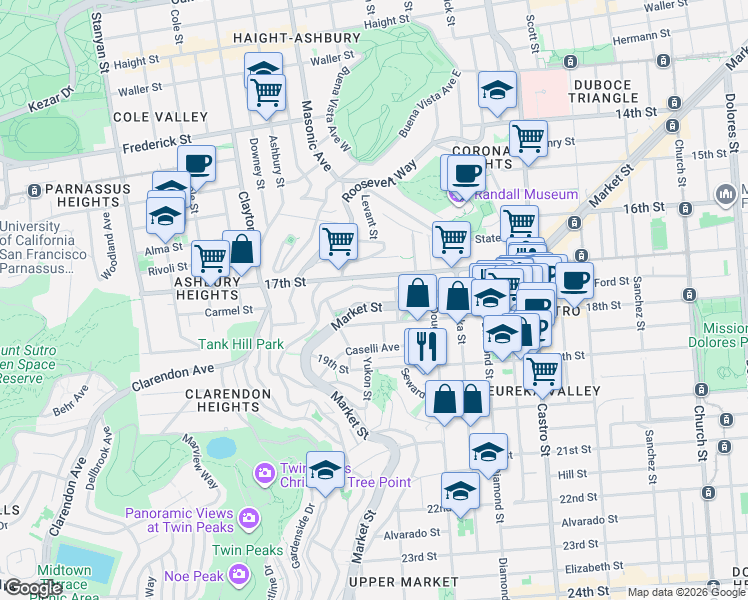 map of restaurants, bars, coffee shops, grocery stores, and more near 3041 Market Street in San Francisco