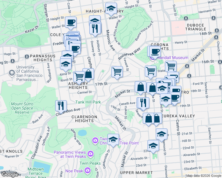 map of restaurants, bars, coffee shops, grocery stores, and more near 71 Uranus Terrace in San Francisco
