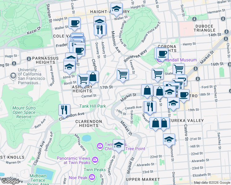 map of restaurants, bars, coffee shops, grocery stores, and more near 71 Uranus Terrace in San Francisco