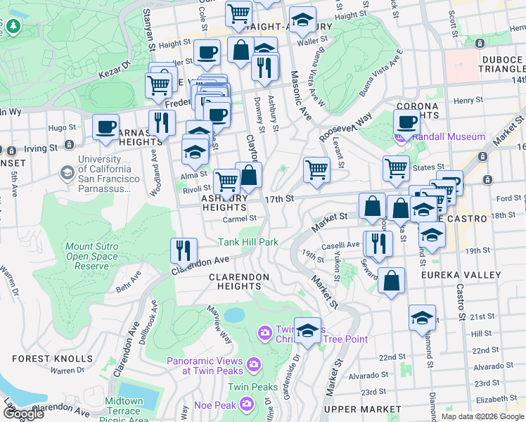 map of restaurants, bars, coffee shops, grocery stores, and more near 1250 Clayton Street in San Francisco