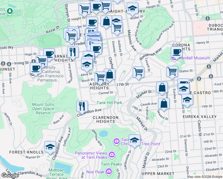 map of restaurants, bars, coffee shops, grocery stores, and more near 649 Belvedere Street in San Francisco