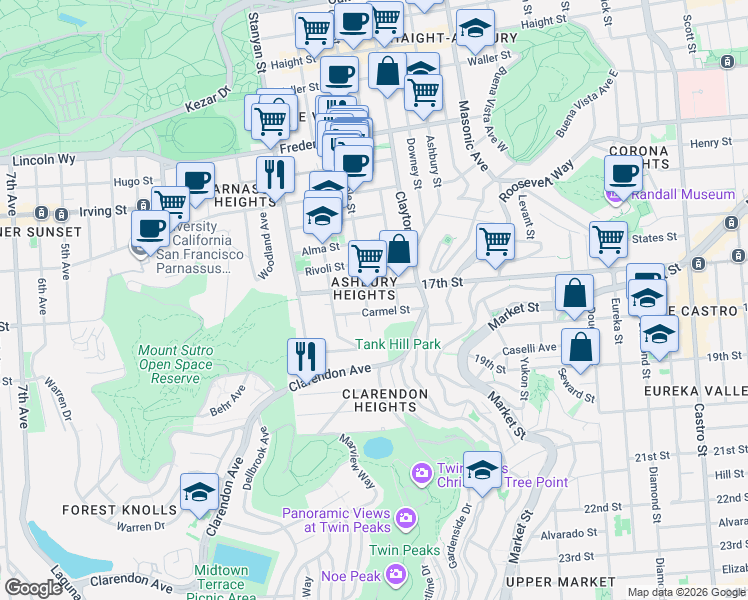 map of restaurants, bars, coffee shops, grocery stores, and more near 649 Belvedere Street in San Francisco