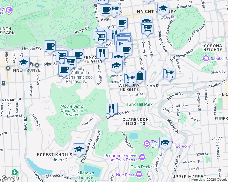 map of restaurants, bars, coffee shops, grocery stores, and more near 1529 Shrader Street in San Francisco