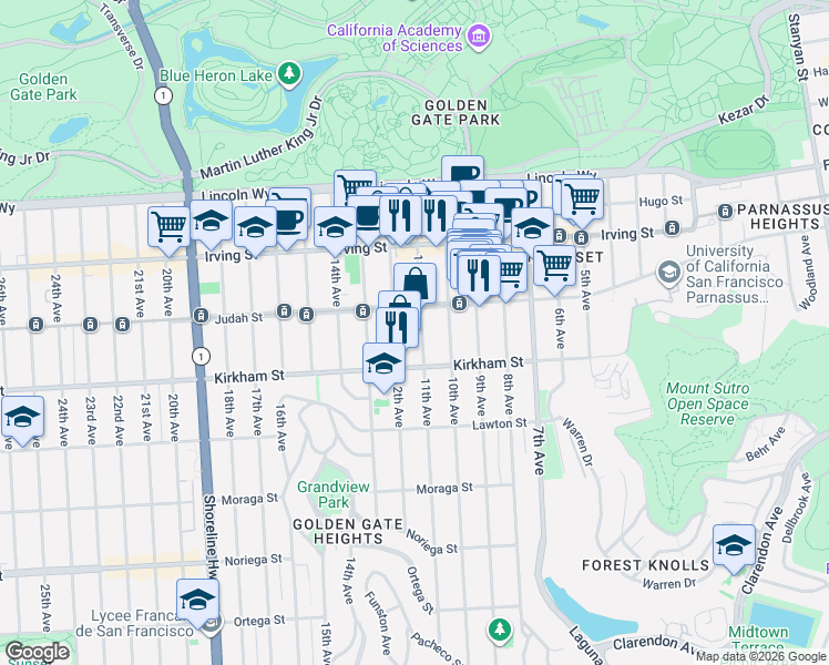 map of restaurants, bars, coffee shops, grocery stores, and more near 1454 12th Avenue in San Francisco