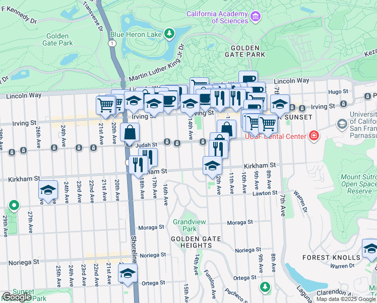 map of restaurants, bars, coffee shops, grocery stores, and more near 1449 14th Avenue in San Francisco
