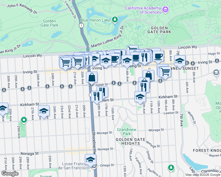 map of restaurants, bars, coffee shops, grocery stores, and more near 1442 16th Avenue in San Francisco