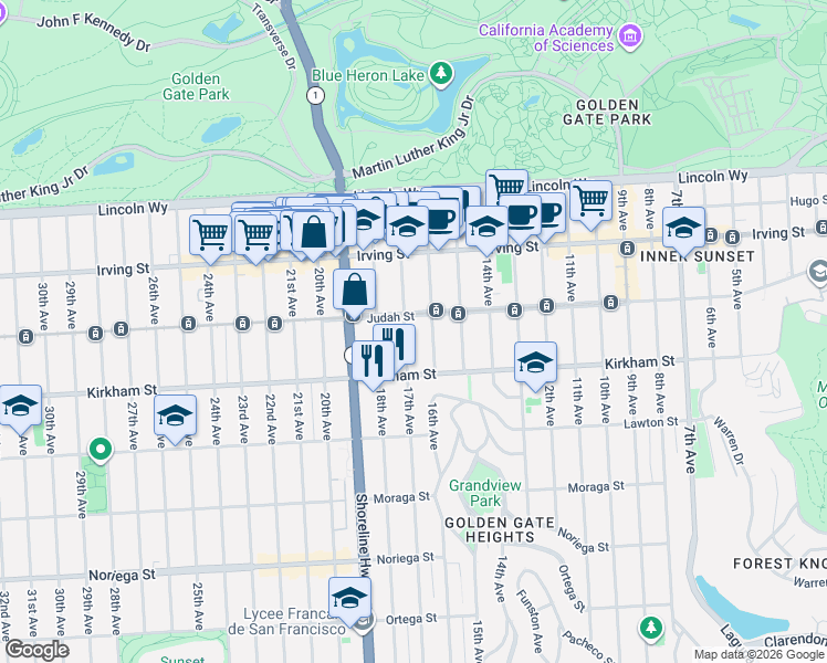 map of restaurants, bars, coffee shops, grocery stores, and more near 1445 17th Avenue in San Francisco