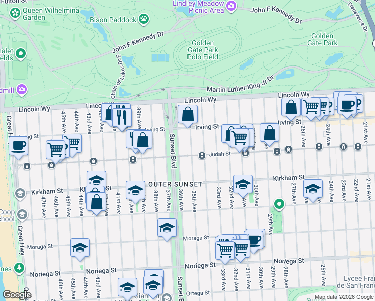 map of restaurants, bars, coffee shops, grocery stores, and more near 3010 Judah Street in San Francisco
