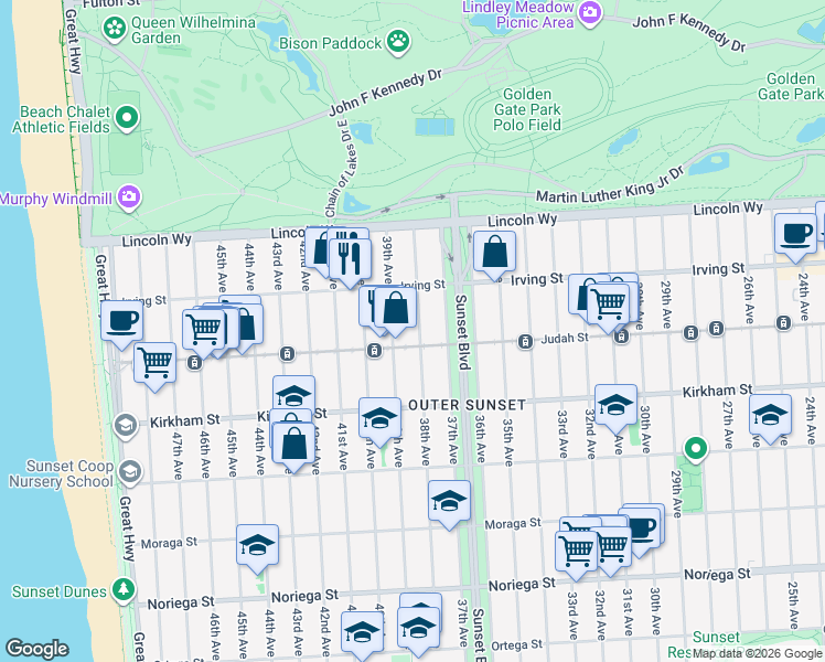 map of restaurants, bars, coffee shops, grocery stores, and more near 3300 Judah Street in San Francisco
